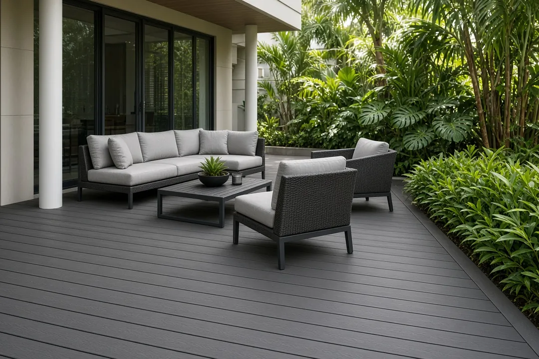 Light-coloured WPC decking for a sunny outdoor space
